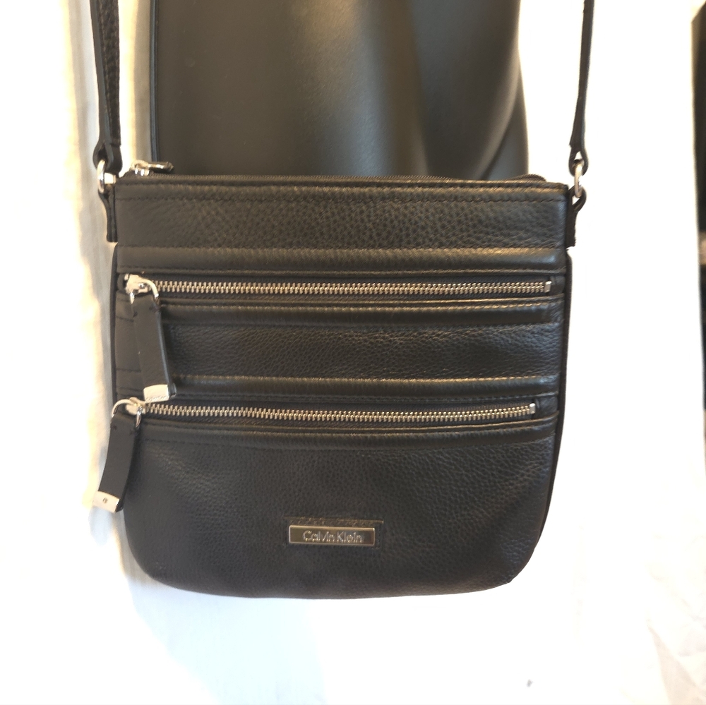 Calvin Klein Black Leather Crossbody with Silver Accents